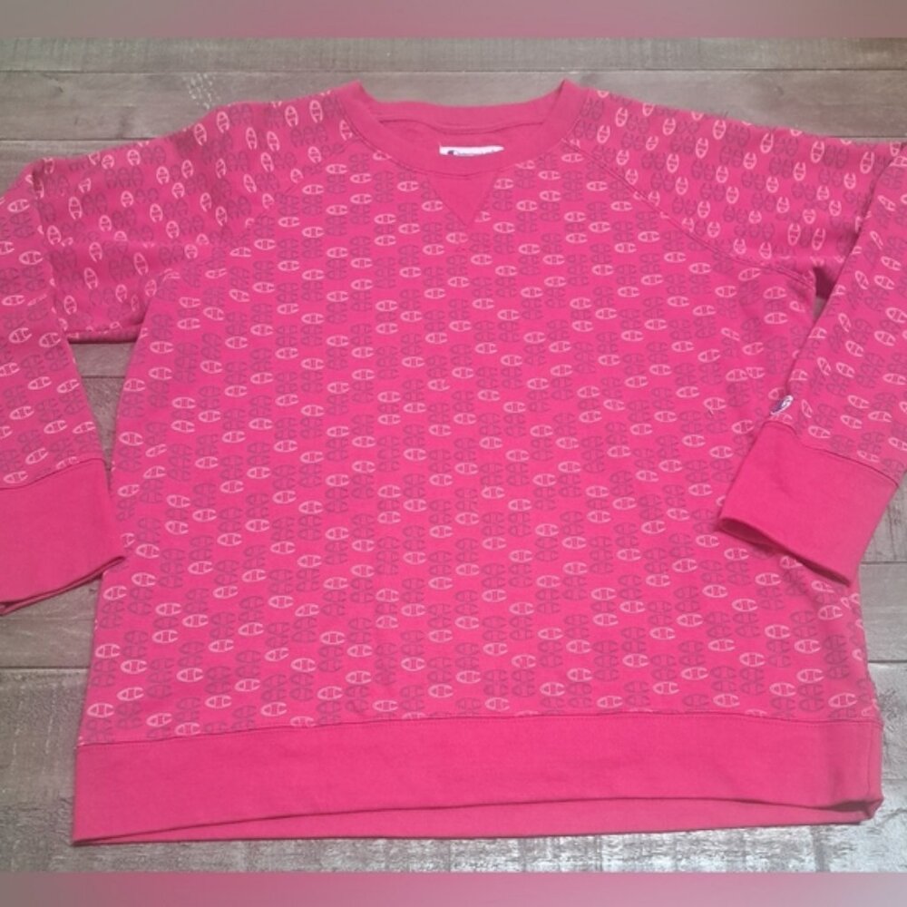 Champion Womens XL Pink All Over Logo Crewneck Sweatshirt Athletic Pullover